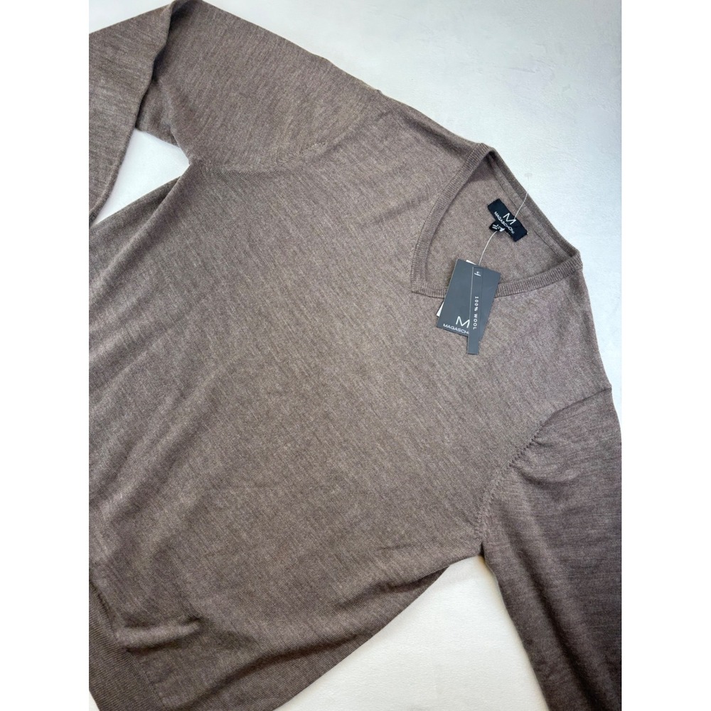 Magaschoni Mens Large Sweater 100% Wool V Neck Long Sleeve Brown Casual New